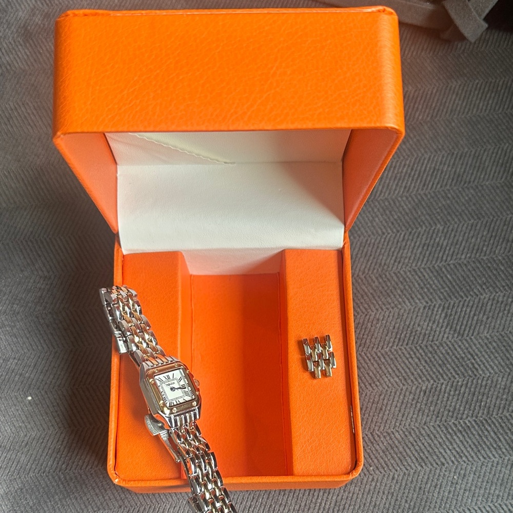 Silver and rose gold Watch with Linked Chain in Orange Jewelry Box fashion watch